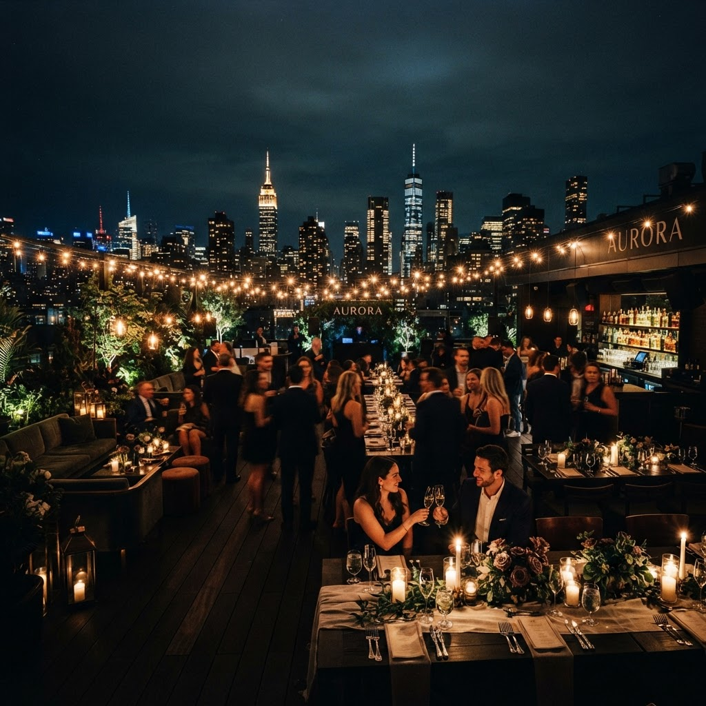 Rooftop set up for a private celebration at night