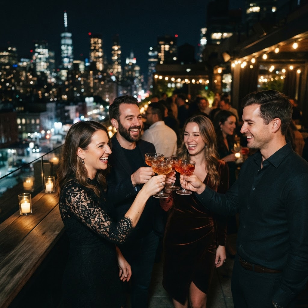 Guests toasting on the rooftop terrace