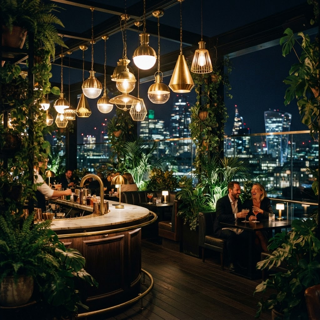 Warm gold pendant lights and greenery