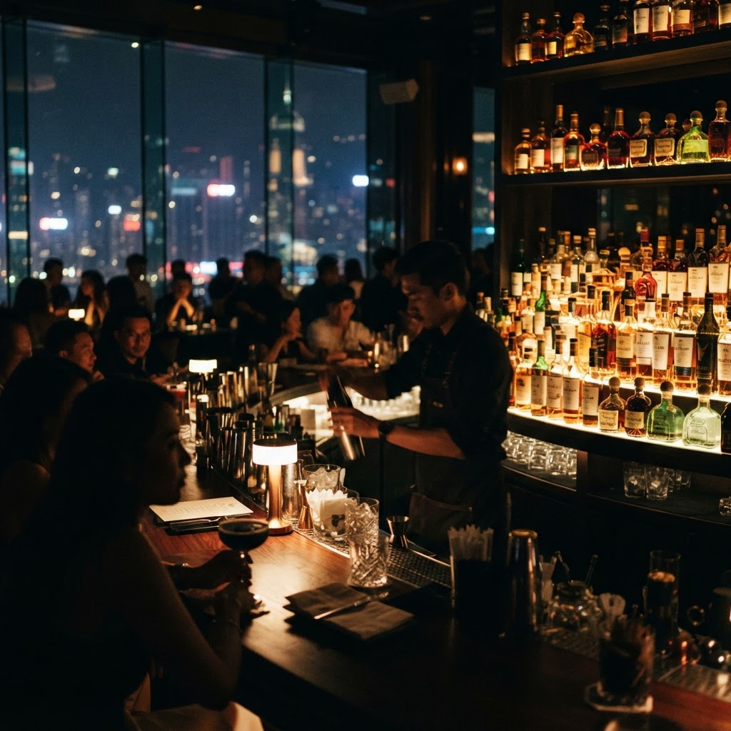 Backlit rooftop bar counter