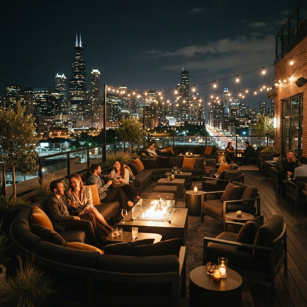 Lounge seating with fire pit and skyline