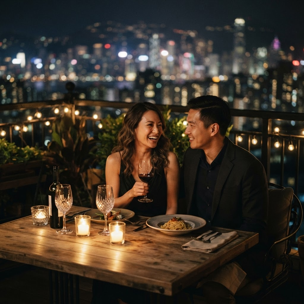 A couple dining by candlelight