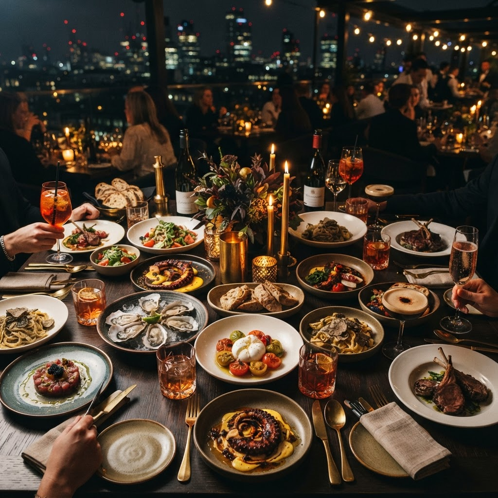 A table full of dishes and cocktails