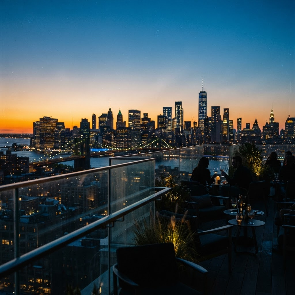 City skyline at dusk through the railing